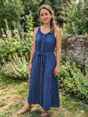 Women's Navy Button-Front Maxi Dress with Tie Waist